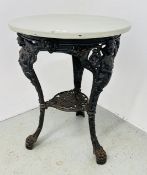 A VINTAGE CAST IRON PUB TABLE WITH A MODERN CIRCULAR TOP, DIAMETER 55CM.