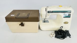 BROTHER PS-33 SEWING MACHINE PLUS A BOX OF ASSORTED THREADS, FABRICS ETC.