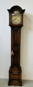 A MODERN OAK GRANDMOTHER CLOCK, THE ARCHED DIAL INSCRIBED 'TEMPUS FUGIT',