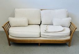 MODERN BLONDE ERCOL RENAISSANCE TWO SEATER SOFA, W 190CM.