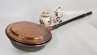 A MODERN MASONS POT POURRI VASE AND COVER, A MASONS HEXAGONAL JAR AND COVER + A COPPER WARMING PAN.