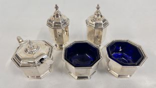 A 5 PIECE ANTIQUE SILVER CRUET, BIRMINGHAM 1929,