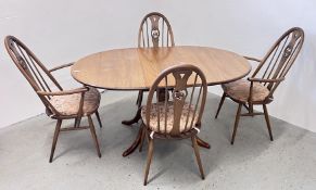 ERCOL EXTENDING DINING TABLE WITH FOUR SWAN BACK CHAIRS,