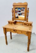 A WAXED PINE TWO DRAWER DRESSING TABLE WITH A MIRRORED TWO DRAWER UPSTAND, W 92CM X D 47CM.