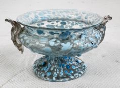 AN ANTIQUE ART GLASS FOOTED BOWL, BLUE AND WHITE CONFETTI PATTERN,
