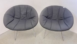A PAIR OF PEDRALI GLISS LOUNGE 340 ARMCHAIRS WITH SLED BASE AND DARK GREY FABRIC UPHOLSTERY.