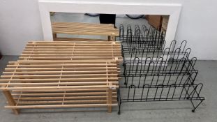TWO PINE FRAMED SHOE RACKS AND TWO METAL FRAMED SHOE RACKS + WHITE FRAMED WALL MIRROR.