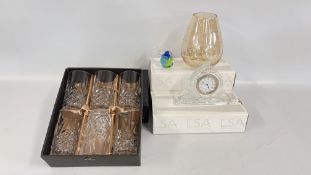 A GROUP OF DESIGNER GLASS TO INCLUDE KILLARNEY CRYSTAL HIGH BALLS, LSA FLUTES,