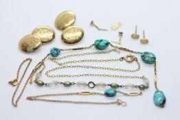 A PAIR OF ENGRAVED YELLOW METAL MOUNTED CUFF LINKS + TWO PAIRS OF YELLOW METAL STUD EARRINGS + A