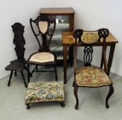 A GROUP OF OCCASIONAL CHAIRS TO INCLUDE ANTIQUE MAHOGANY FRAMED + NEEDLEWORK STOOL,