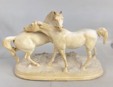 A WHITE PLASTER MODEL OF TWO HORSES ON OVAL BASE IN THE MANNER OF P J MENE A/F, L 51CM X H 36CM.