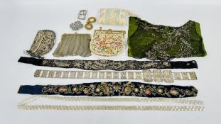 A FINE PETIT POINT BAG, PLEASE REFER TO LABEL + OTHER VINTAGE BELTS & BUCKLES ETC.