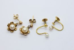 A PAIR OF VINTAGE 9CT GOLD AND PEARL STUD SCREW BACK EARRINGS + A PAIR OF YELLOW METAL PEARL DROP