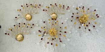 A PAIR OF ITALIAN DESIGNER GILT FINISH CEILING LIGHT PENDANTS SET WITH SPROUTING STALK ARMS SET