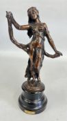 A LATE C19TH FRENCH BRONZE FIGURE OF 'GAIETE' ON TURNED WOOD SOCLE, H 29CM.