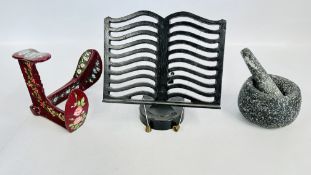 A POLISHED GRANITE PESTLE & MORTAR + A VINTAGE PAINTED CAST COBBLERS SHOE ANVIL AND A CAST IRON