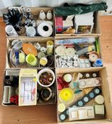 6 X BOXES OF ASSORTED SUNDRY CHINA, CANDLE HOLDERS AND CANDLE SETS, FRAMED PRINTS AND GAMES, ETC.