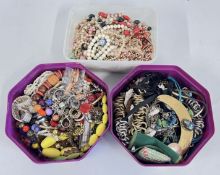 3 TUBS OF ASSORTED COSTUME JEWELLERY, BANGLES AND BEADED NECKLACES ETC.