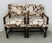 A PAIR OF LATE C19TH WALNUT ELBOW CHAIRS WITH UPHOLSTERED BACKS AND SEATS, THE ARMS,