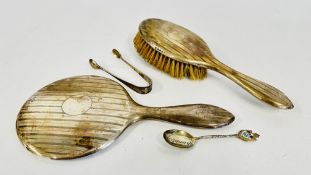A SILVER BACK DRESSING MIRROR AND BRUSH SET, BIRMINGHAM ASSAY, PAIR OF SILVER TONGS AND SPOON.