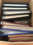 STAMPS: BOX WITH GB IN ELEVEN VARIOUS VOLUMES, SOME COMPLETE SHEETS OF COMMEMS, CHANNEL ISLANDS ETC.