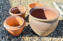 5 X VARIOUS TERRACOTTA AND SALT GLAZED PLANTERS, THE TALLEST 38CM.