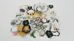 A BOX OF GEMSTONE EARRINGS, NECKLACES AND BRACELETS.