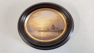 NEIL SMALLEY: SMALL OVAL - ST BENETS AT SUNSET OIL ON BOARD, W 11 X H 8.5CM.