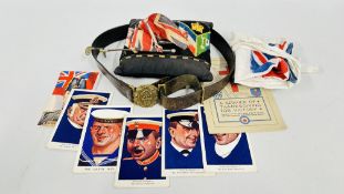 A GROUP OF WW1 AND LATER ITEMS TO INCLUDE AN EDWARDIAN NAVAL BELT, NEEDLEWORK PIN CUSHION,