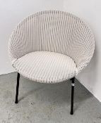 VINTAGE LLOYD LOOM LUSTY CHAIR WITH A WHITE WICKER SEAT AND BLACK METAL LEGS.