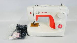 SINGER SIMPLE 3210 SEWING MACHINE WITH FOOT PEDAL, ACCESSORIES AND COVER - SOLD AS SEEN.