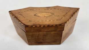 A C19TH WALNUT LOZENGE SHAPE SMALL BOX WITH RISING CORNERS AND INLAID WITH A LEAF AND BLACK AND