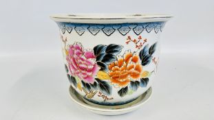 A MODERN ORIENTAL PORCELAIN JARDINIERE AND STAND ENAMELLED WITH POPPIES AND FINCHES.