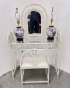 A MODERN WHITE FINISH METAL CRAFT DRESSING TABLE AND STOOL,