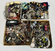 4 X TRAYS CONTAINING AN EXTENSIVE GROUP OF ASSORTED COSTUME JEWELLERY, BEADED NECKLACES, BANGLES,