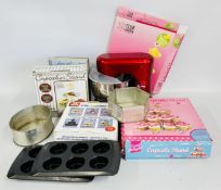 A COOKS PROFESSIONAL MIXER AND A BAG OF KITCHENALIA TO INCLUDE OVEN TRAYS, TINS ETC.