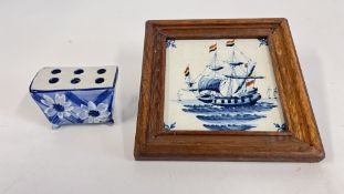 A VINTAGE DUTCH DELFT STYLE MOULDED FLOWER BRICK OR FLOWER FROG VASE,