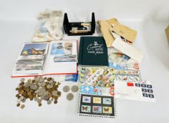 A GROUP OF LOOSE STAMPS + A MODERN POSTCARD ALBUM AND A VINTAGE STAMP ALBUM AND CONTENTS + A SMALL