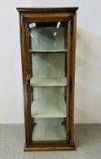 A SMALL SQUARE OAK FRAMED DISPLAY CABINET WITH GLAZED DOOR AND SIDES, 14¼