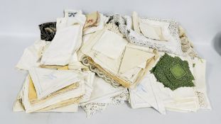 A QUANTITY OF WHITE WORK TABLE CLOTHS, NAPKINS, CURTAIN AND ALTER CLOTH ETC (IN 2 BOXES).