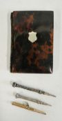 THREE VICTORIAN PROPELLING PENCILS TO INCLUDE PERRY & CO. AND A TORTOISESHELL SHELL CARD CASE.