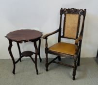 A MAHOGANY OCCASIONAL TABLE AND A VINTAGE OAK FRAMED CHAIR WITH CANE INSERT AND UPHOLSTERED SEAT