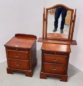 A PAIR OF CHERRYWOOD FINISH 2 DRAWER J.E COYLE BEDSIDE CHESTS + MATCHING DRESSING MIRROR.