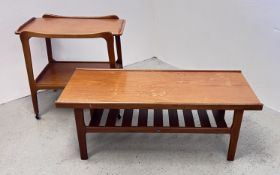 TWO PIECES OF MID CENTURY FURNITURE TO INCLUDE MYER COFFEE TABLE WITH LOWER SLATTED TIER AND TWO