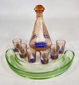 AN ART DECO DECANTER AND 6 SHOT GLASSES DEPICTING A SHIP MOTIF, URANIUM GLASS HALF MOON POSY DISH.