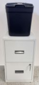 A TWO DRAWER FILING CABINET & KEYS + A FELLOWES M-8C SHREDDER.