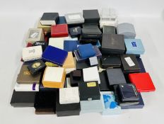A BOX CONTAINING AN EXTENSIVE GROUP OF JEWELLERY BOXES (EMPTY).