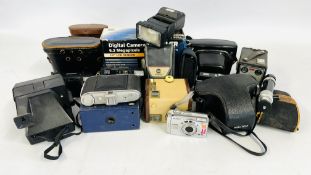 TWO BOXES OF ASSORTED VINTAGE CAMERAS AND BINOCULARS INCLUDING BOX CAMERAS, PENTACON, KODAK, CANON,