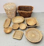 A GROUP OF WICKER BASKETS TO INCLUDE A TWO HANDLED LINEN BIN AND A WOVEN TWO HANDLED LOG BASKET.
