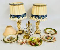 TEN LATE VICTORIAN 'RIBBON' PLATES + A CURVED PLASTIC STEMMED TABLE LAMP WITH GLASS DROPS AND SHADE